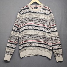 Tommy Hilfiger Sweater Mens XL Grey Wool Blend Nordic Fair Isle Spell Out