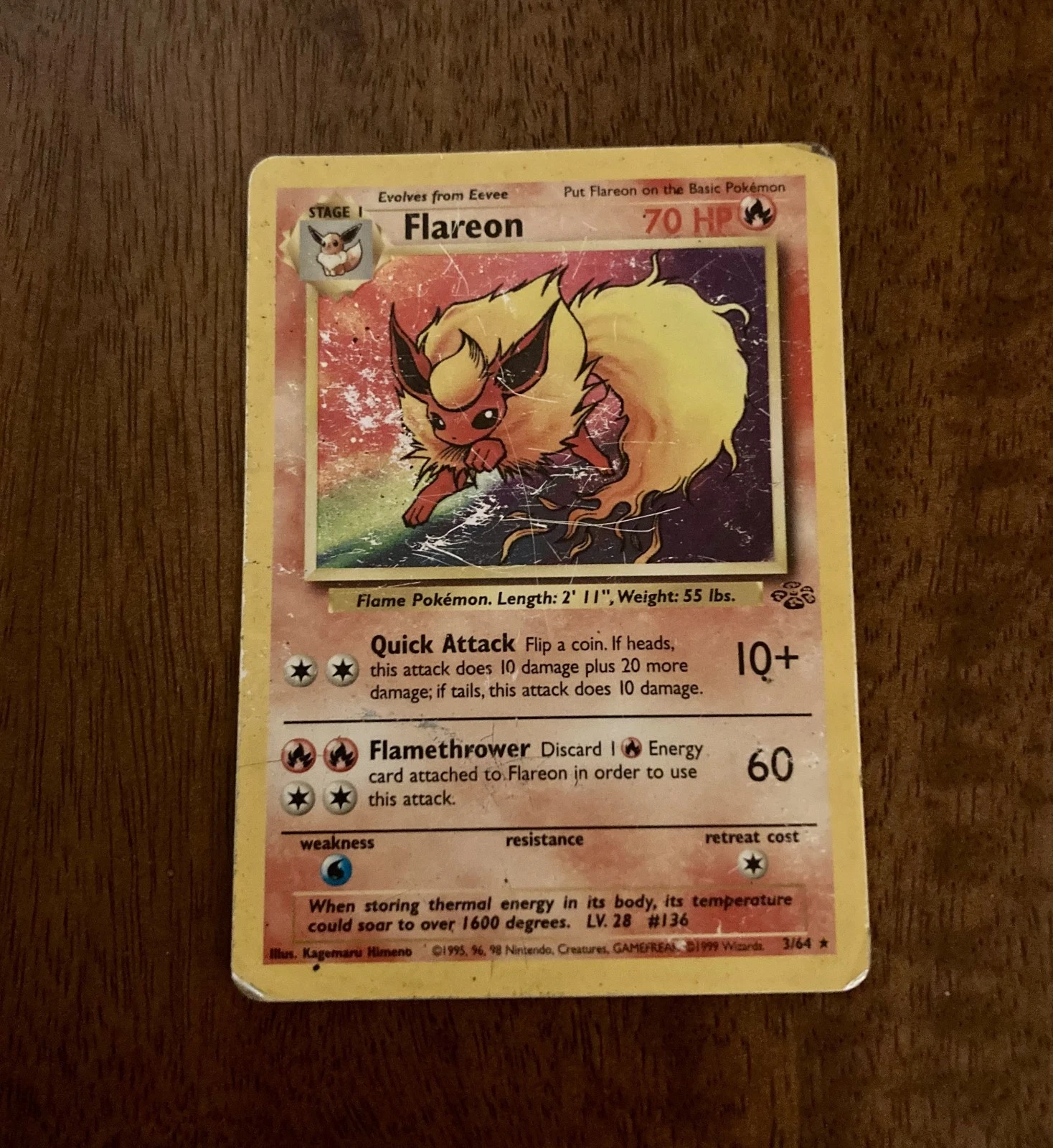 Pokemon Cards TGC: Flareon 3/64 Jungle Holo Rare Shiny Vintage 1999 WOTC Card
