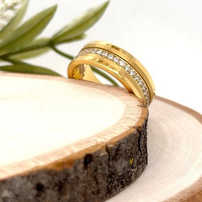Gold Polished Tungsten 8mm Unisex Ring CZ Diamond Inlay Fashion Engagement Band
