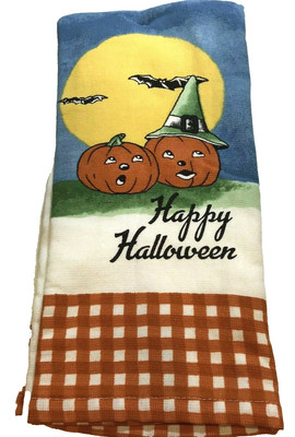 Halloween Kitchen Towel Set Jack O Lanterns Witch Bats Vintage Style Holiday NEW
