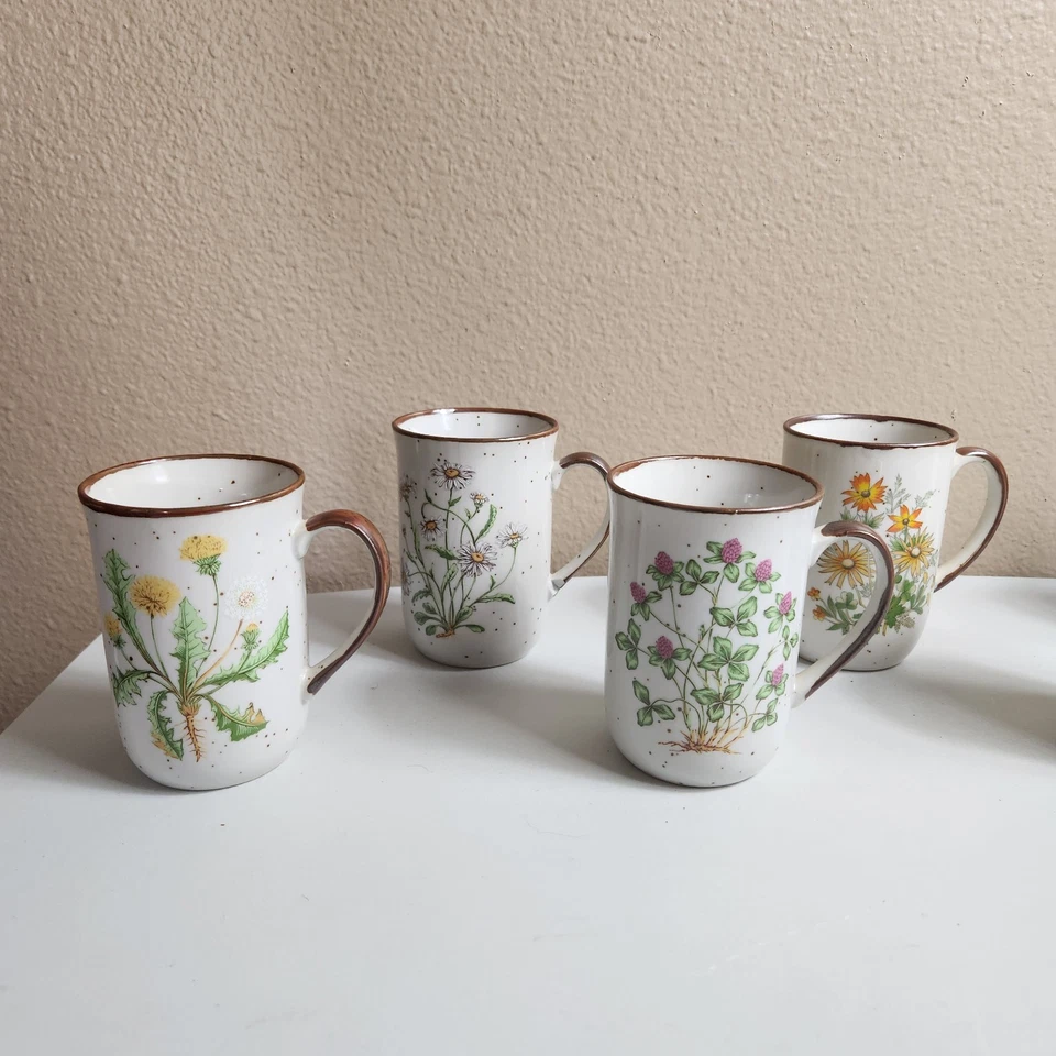 Tazas de café Takahashi (juego de 8) de gres moteado diseños de flores silvestres de colección años 70 Foto 2 de 4
