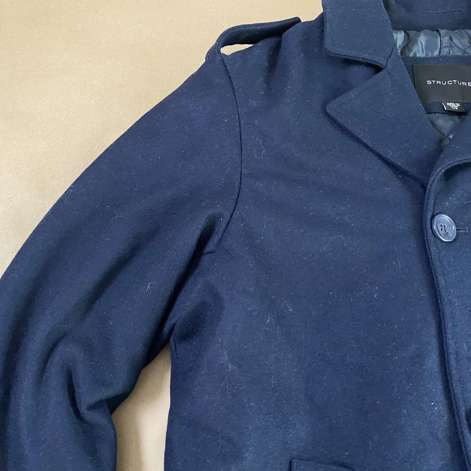 Structure L Large Classic Navy Blue Wool Blend Peacoat Jacket Winter Coat Men - Image 3 of 4
