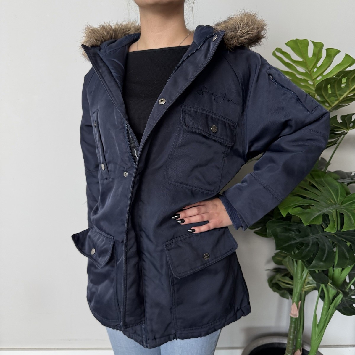 Vintage Y2K Sean John Parka Down Jacket Fur Hood Puffer Navy 