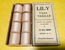 Vtg- LILY TAPE THREAD-Sewing-(8) Wood Spools-20-4 cord-In box-500 Yds per Spool