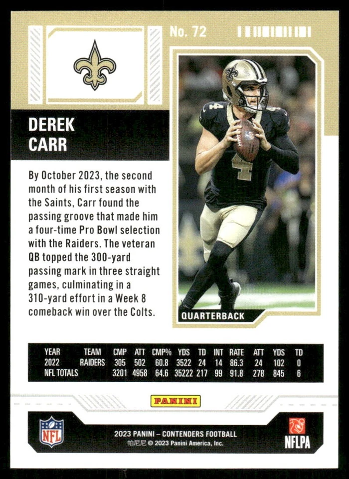 2023 Panini Contenders #72 Derek Carr Game Ticket Blue #/499 - Image 2 of 2