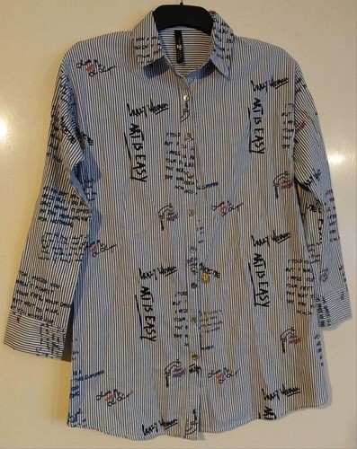 Boutique Bali pinstripe blue white quote slogan print button up sleeve shirt - L - 第 1/8 張圖片