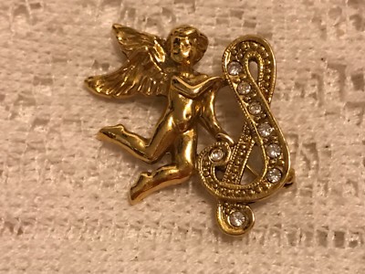 Angel and Clef note pin , brooch Gold finish with rhinestones | eBay