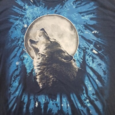 Gildan Xl Vintage Howling Wolf Night Sky Moon T Shirt Navy Blue Classic Howl