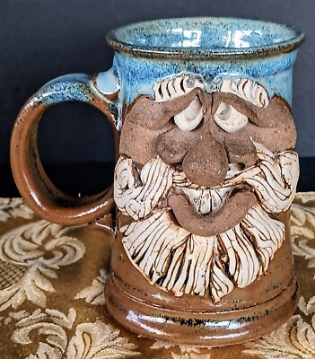 Vtg. Art Pottery Funny/Ugly Face Mug 3-D Spaghetti Mustache Beard And Eyebrows 