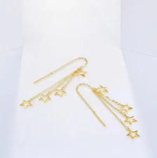 18K Gold Hollow Stars Pull Though Threader Earrings Stainless Steel Elegant PE9