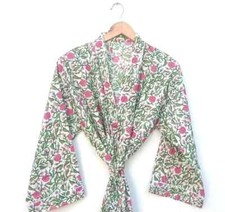 Cotton Robe Long Kimono Sleepwear Indian White Floral Print Night Suit Kimonos