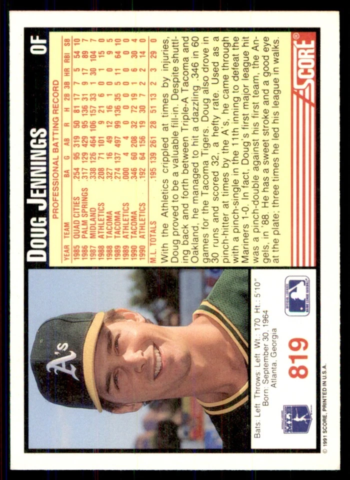 1991 Score Doug Jennings Oakland Athletics #819 - Image 2 of 2