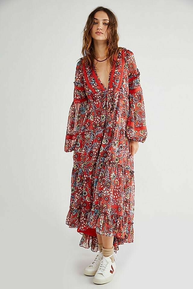 Free People Cassis Printed Chiffon Red Dress Flowy Maxi Party Size XS $168  NWT | eBay