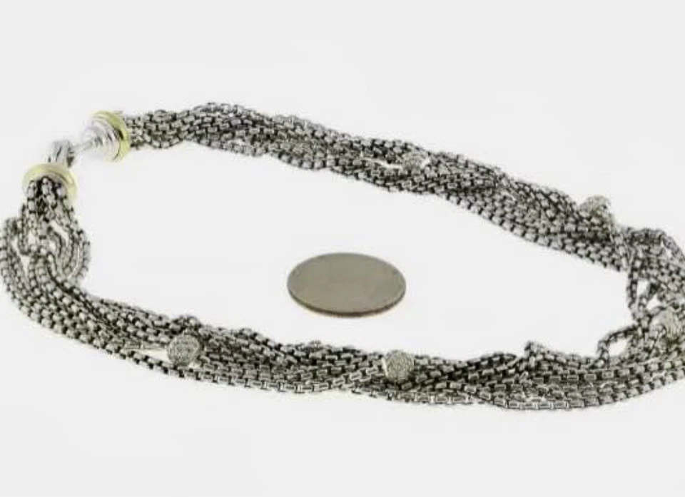 David Yurman Diamante Bola 8 Filas Multi Caja Cadena Collar Plata/Oro 18K Extremos Foto 2 de 4