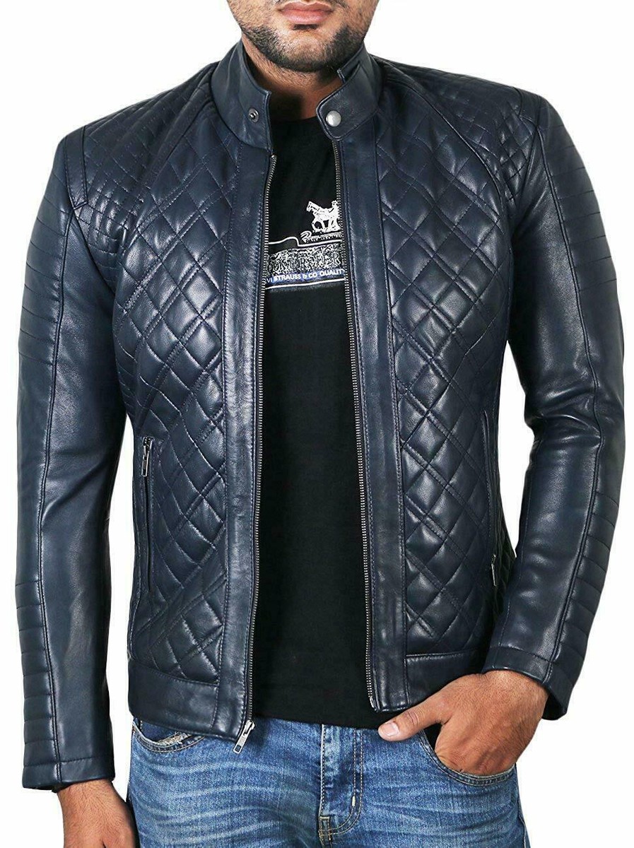 Quilted Leather Jacket For Men's Navy Blue Genuine Lambskin