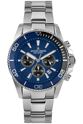 JACQUES LEMANS Herrenuhr für Taucher Chronograph Edelstahl/Blau Chrono 1-2206H