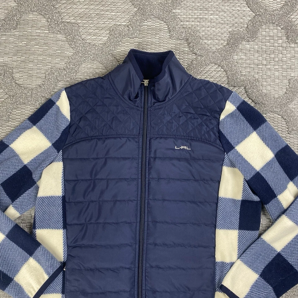 Ralph Lauren Active Jacket Womens Size Large Puffer Fleece Gingham Plaid Pockets - Image 2 of 4