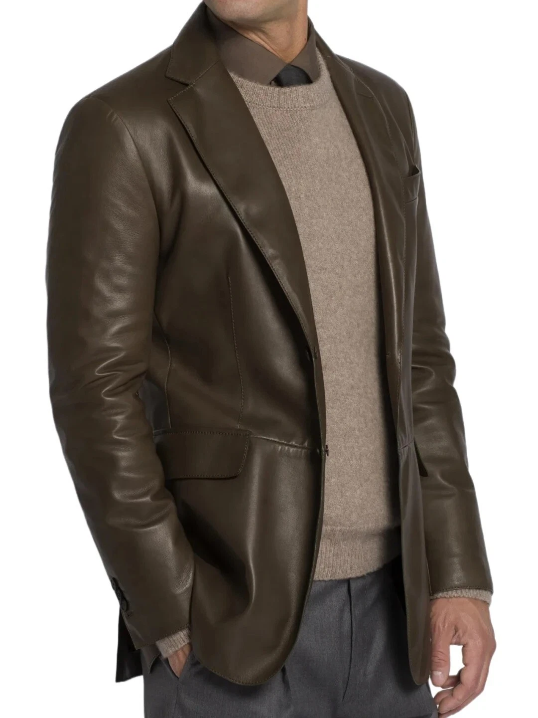 Leather Blazer Jacket Men's Coat Lambskin Soft Men Two Real Button 100% Brown 10