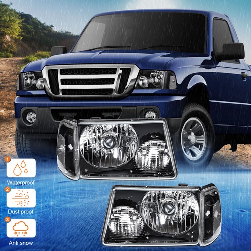 For 2001-2011 Ford Ranger Pickup Black Left & Right Headlight & Corner Light Set - Picture 9 of 24