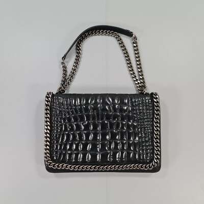Zara Womens Bag Black Leather Croc City Chain Shoulder Bag