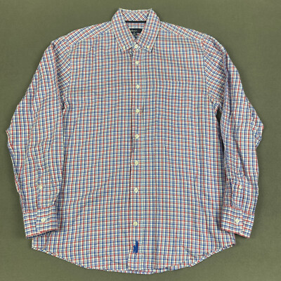 Johnnie-O Shirt Mens Medium Blue Pink Plaid Linen Blend Button Down Preppy