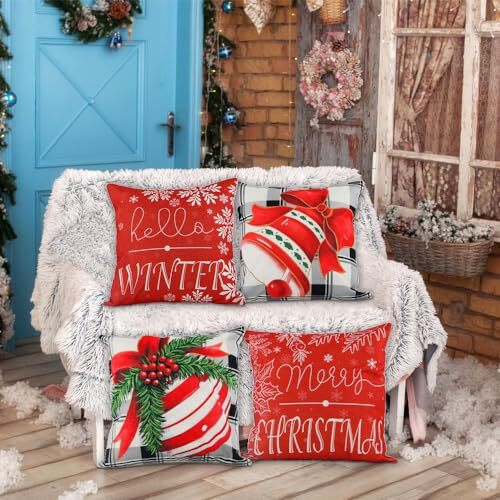 4er Pack 18x18 Zoll Hallo Winter Frohe Weihnachten Deko Kissenbezüge - Bild 7 von 7