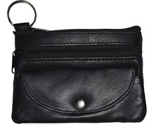 Black Leather Coin Purse Mini Wallet Key Pouch 2 Zip Sections Snap pocket Black