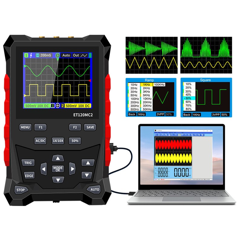 ET120MC2 2-Channel Portable Digital Oscilloscope 120MHz 500Msps Signal Generator