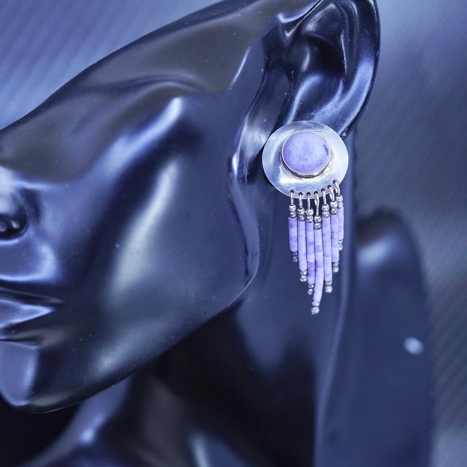 Pendientes nativos americanos de plata de ley 925 con fluorita opalizada y flecos Foto 3 de 4