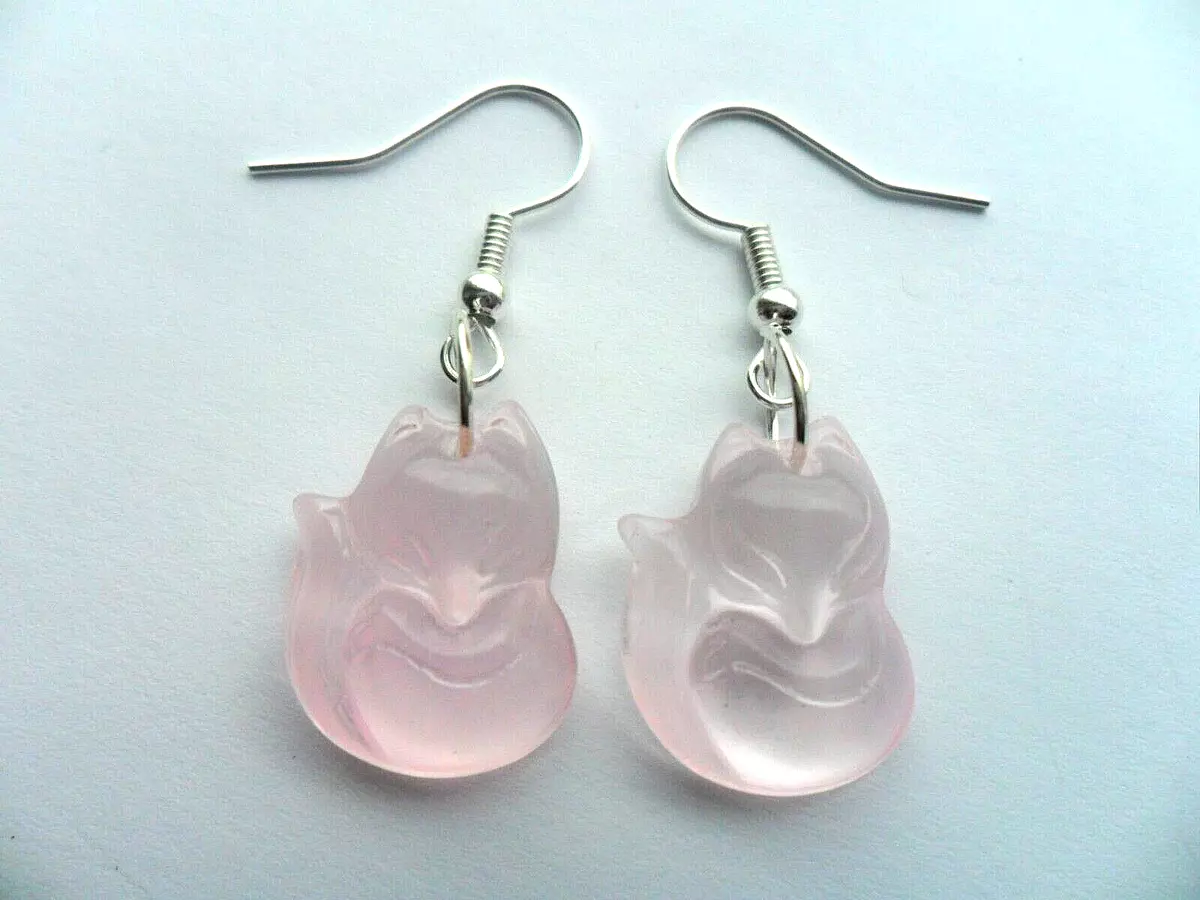 SALE Very Unusual Carved Glass Fox Pair of Earrings 18mm Light Pink