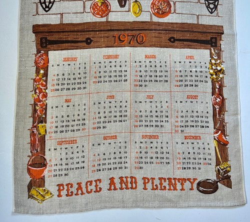 Toalla de té vintage de lino 1970 Peace and Plenty marrón naranja cosecha abrigo dorado - Imagen 2 de 6