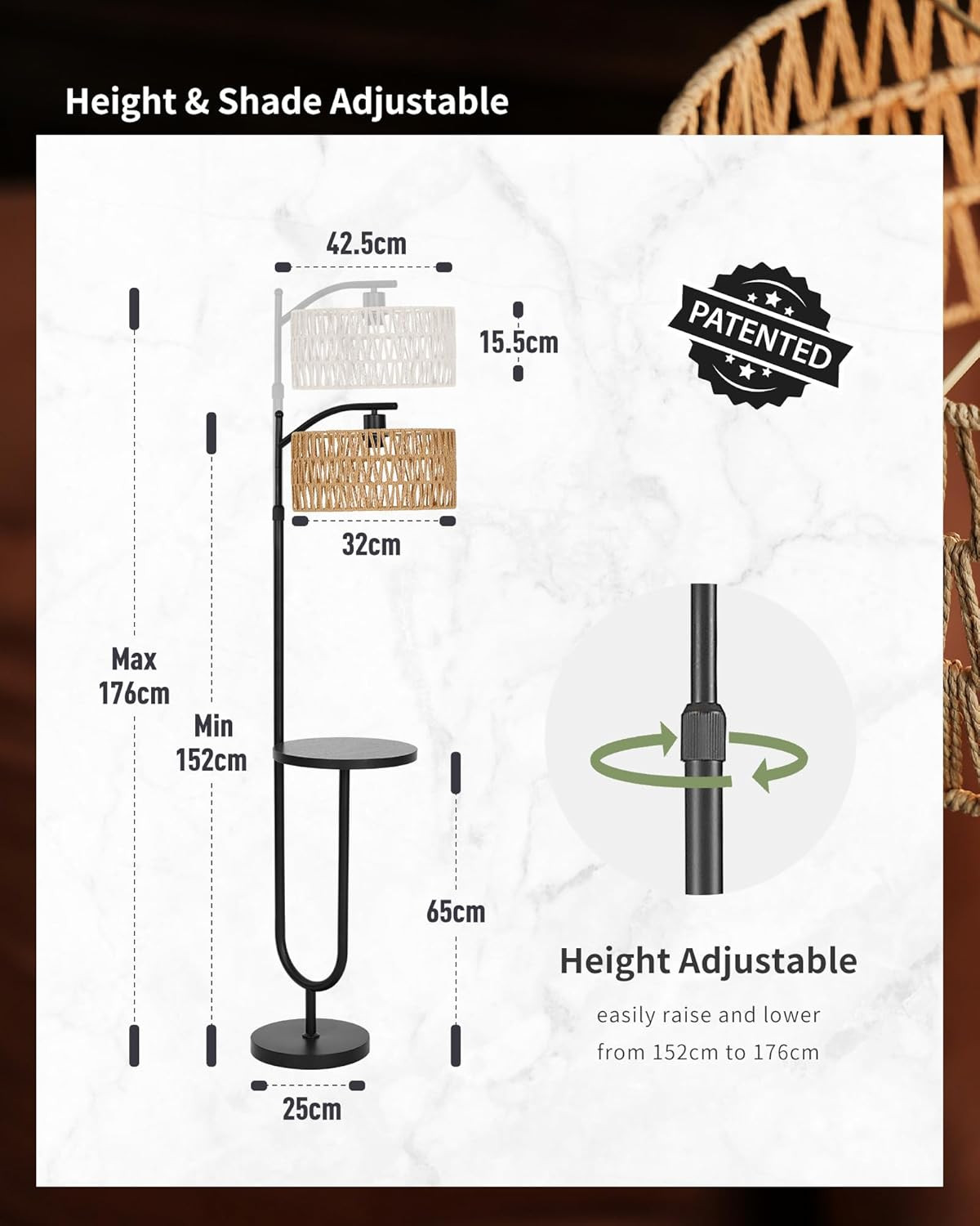 Lampada Da Terra Vintage in Rattan per Soggiorno – Piantana Nera Stile Retrò Con - 4