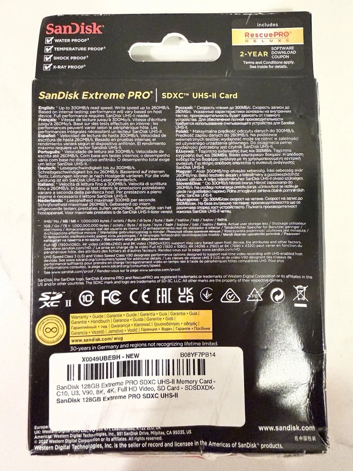 SanDisk 128GB Extreme PRO SDXC UHS-II V90 300MB/s – 8K 4K Video – New Sealed - Image 3 of 4