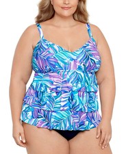 Swim Solutions Tummy Control Printed Fauxkini One-Piece Swimsuit PLUS SZ 18W 24W