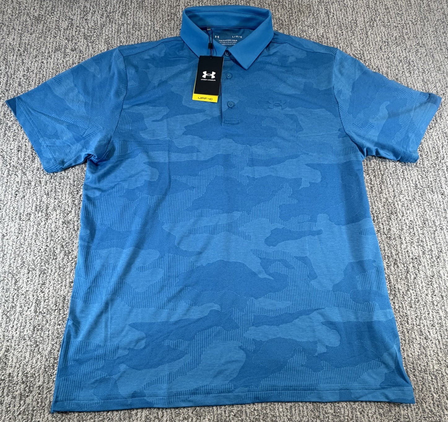 NWT Under Armour The Playoff Polo Shirt AOP Blue Camo Golf Performance Men Large