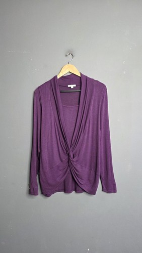 Monsoon Purple Twist Knot Front Draped Top Size M Long Sleeve Jersey Blouse