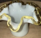 Vintage Fenton Gold Crest White Milk Glass Ruffled Hat Vase 4”