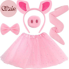 Pink Pig Costume Set Fuzzy Pig Ears Headband Piggy Nose Tail Tutu Skirt Bowtie K