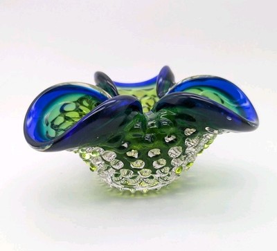 Prachen Art Glass Knobbly Hobnail Blue Green Dish Frantisek Koudelka