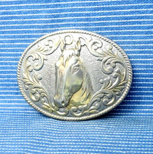 Horse Head Belt Buckle Cowgirl Western Scroll 24KGP Vintage 80s Chambers .PCB785