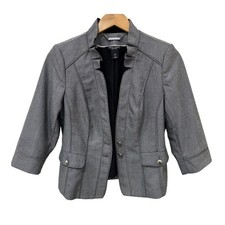 White House Black Market Grey Herringbone Ruffle Collar Blazer Jacket Size 6