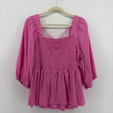 Ava & Viv Pink Smocked Peplum Square Neck 3/4 Sleeve Top Plus Size 1X