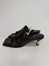 Bottega Veneta Black Leather Square Toe Stretch Mules Gold Sculptural Heel EU 36