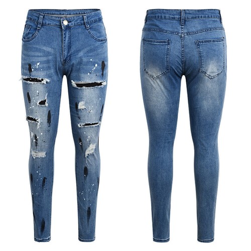 Mens Ripped Skinny Jeans Trousers Super Stretch Slim Fit Distressed Denim Pants - Picture 9 of 14