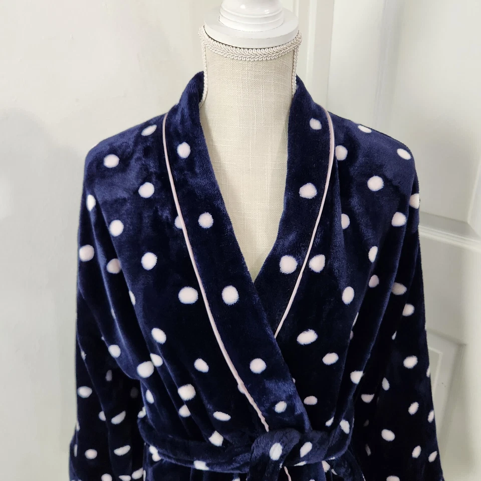 Kate Spade Robe Womens M Blue Polka Dot Chenille Short Cozy Fluffy Pockets - Image 2 of 4
