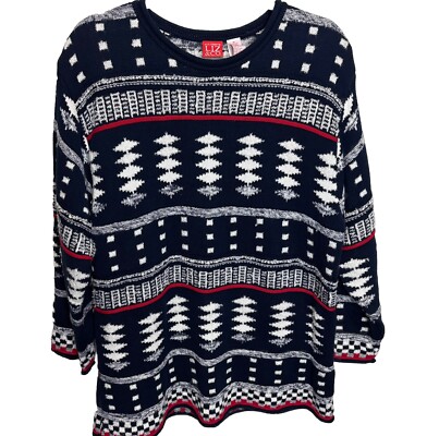 Vintage 90s Liz & Me 3D Knit Chunky Knit Sweater Geometric Navy Red White Med