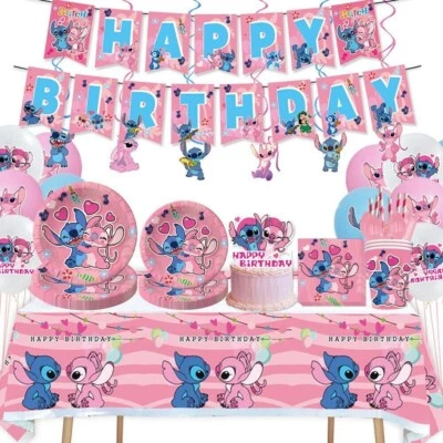 Pink Lilo & Stitch Theme Kids Complete Birthday Party Tablewares Decoration Set