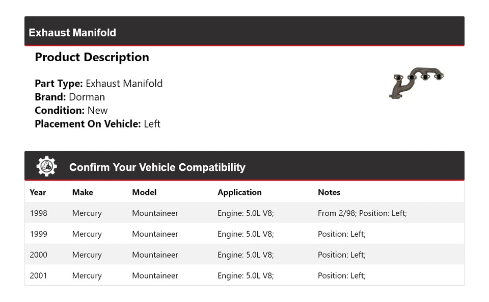 Colector de escape izquierdo para Mercury Mountaineer 1998-2001 5,0 L V8 Dorman 1999 Foto 2 de 4