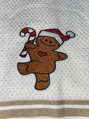 Embroidered Beige  Striped Kitchen  Hand Towel   Christmas Gingerbread Man