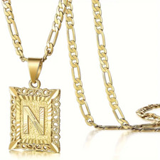 18K Gold Plated Letter N Square Pendant Necklace Initial Chain Men Women Gift